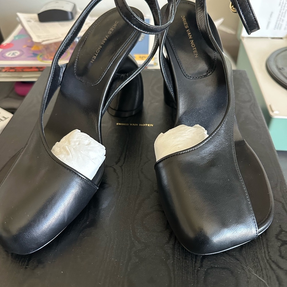 Dries Van Noten Black Asymmetrical Cut Out Leather Heels